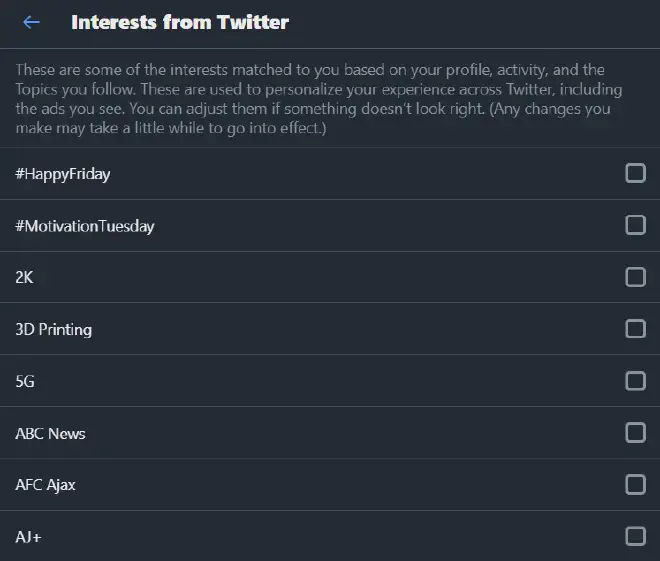 X/Twitter interests example